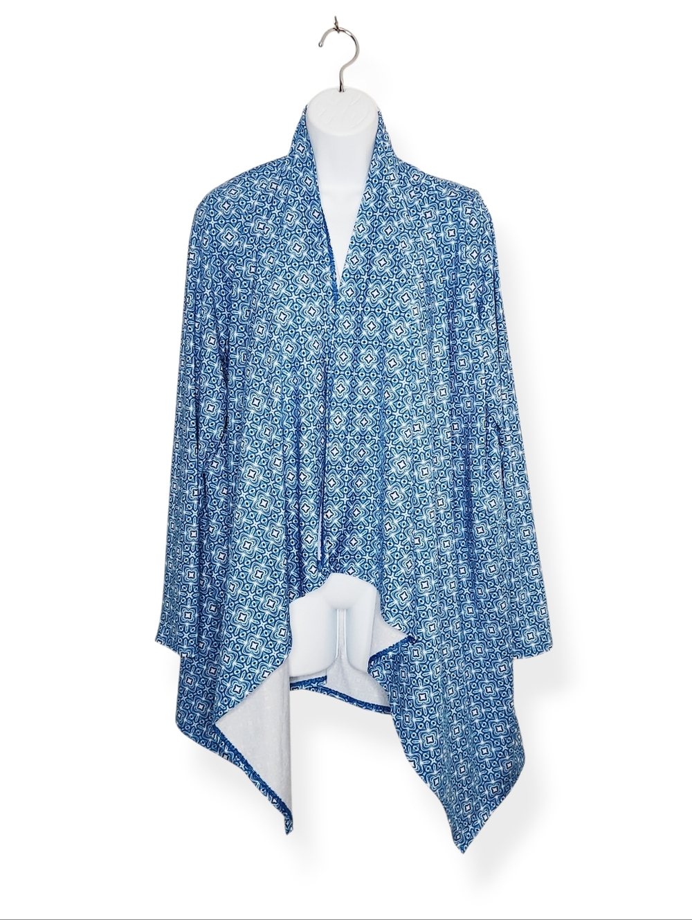 Lands End Open Waterfall Front Swim Coverup Cardigan Blue White Print Size Large